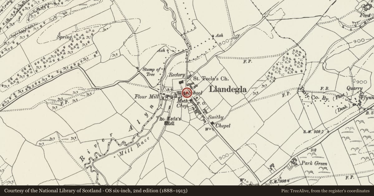 Ordnance Survey six-inch map, 2nd edition (1888–1913) covering the location of Llandegla School and Former Schoolhouse, Denbighshire, with a pin at the register's coordinates