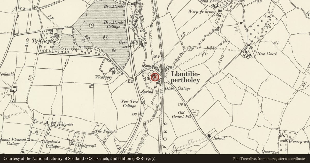 Ordnance Survey six-inch map, 2nd edition (1888–1913) covering the location of Memorial Cross in Churchyard of the Church of St Teilo, Llantilio Pertholey, Monmouthshire, with a pin at the register's coordinates