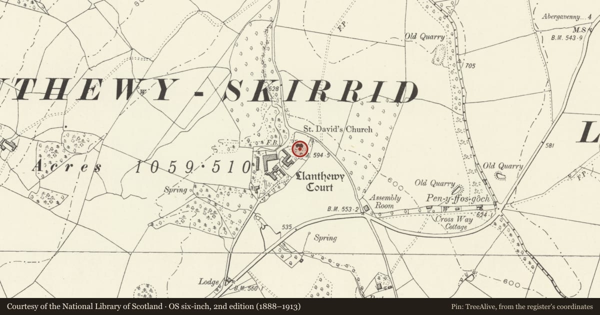 Ordnance Survey six-inch map, 2nd edition (1888–1913) covering the location of Cross in Churchyard of Church of St David, Llantilio Pertholey, Monmouthshire, with a pin at the register's coordinates