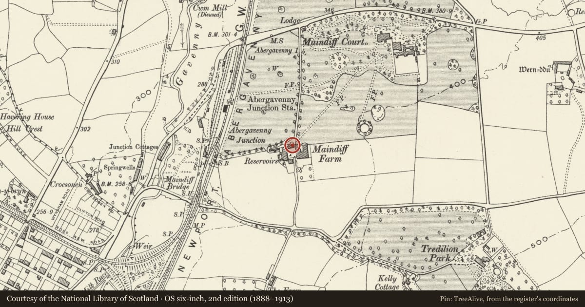 Ordnance Survey six-inch map, 2nd edition (1888–1913) covering the location of Barn at Maindiff Farm, Llantilio Pertholey, Monmouthshire, with a pin at the register's coordinates