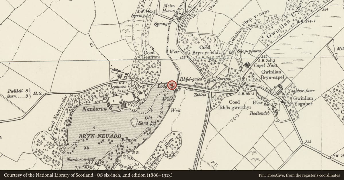Ordnance Survey six-inch map, 2nd edition (1888–1913) covering the location of Entrance Gates at Nanhoron, Botwnnog, Gwynedd, with a pin at the register's coordinates