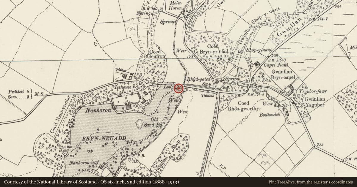 Ordnance Survey six-inch map, 2nd edition (1888–1913) covering the location of The Lodge at Nanhoron, Botwnnog, Gwynedd, with a pin at the register's coordinates