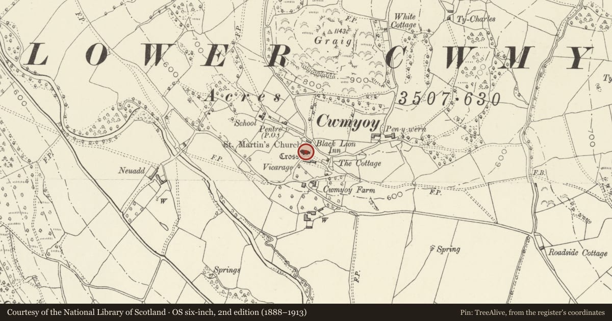 Ordnance Survey six-inch map, 2nd edition (1888–1913) covering the location of Church of St Martin, Crucorney, Monmouthshire, with a pin at the register's coordinates