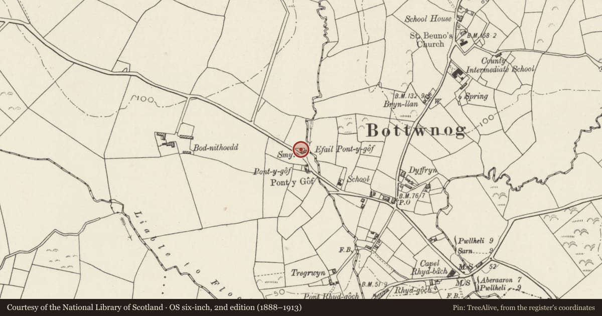 Ordnance Survey six-inch map, 2nd edition (1888–1913) covering the location of Efail Pont y Gof, Botwnnog, Gwynedd, with a pin at the register's coordinates