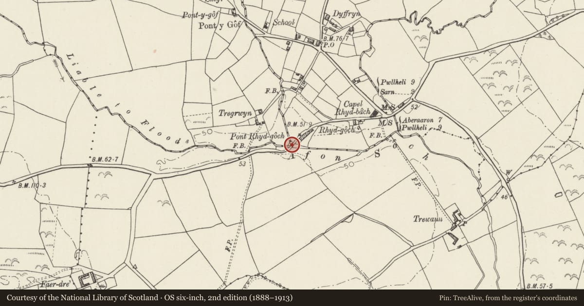 Ordnance Survey six-inch map, 2nd edition (1888–1913) covering the location of Pont Rhyd-goch, Botwnnog, Gwynedd, with a pin at the register's coordinates