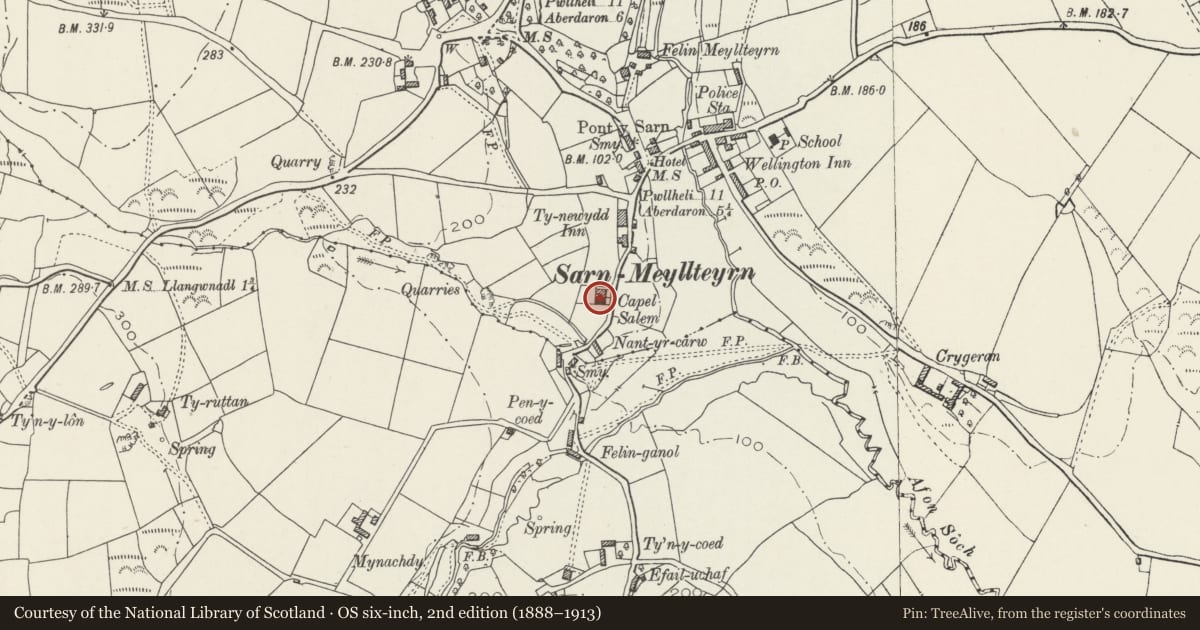 Ordnance Survey six-inch map, 2nd edition (1888–1913) covering the location of Salem Chapel, Botwnnog, Gwynedd, with a pin at the register's coordinates