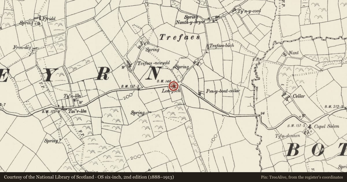 Ordnance Survey six-inch map, 2nd edition (1888–1913) covering the location of Lon Goch, Botwnnog, Gwynedd, with a pin at the register's coordinates