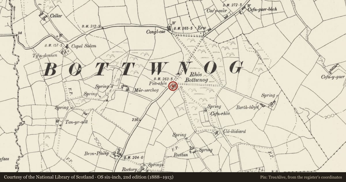Ordnance Survey six-inch map, 2nd edition (1888–1913) covering the location of Penrhos, Botwnnog, Gwynedd, with a pin at the register's coordinates