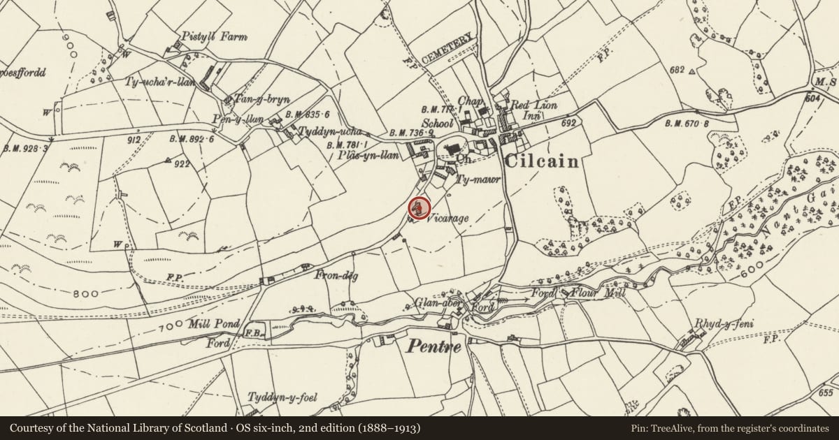 Ordnance Survey six-inch map, 2nd edition (1888–1913) covering the location of The Old Vicarage, Cilcain, Flintshire, with a pin at the register's coordinates