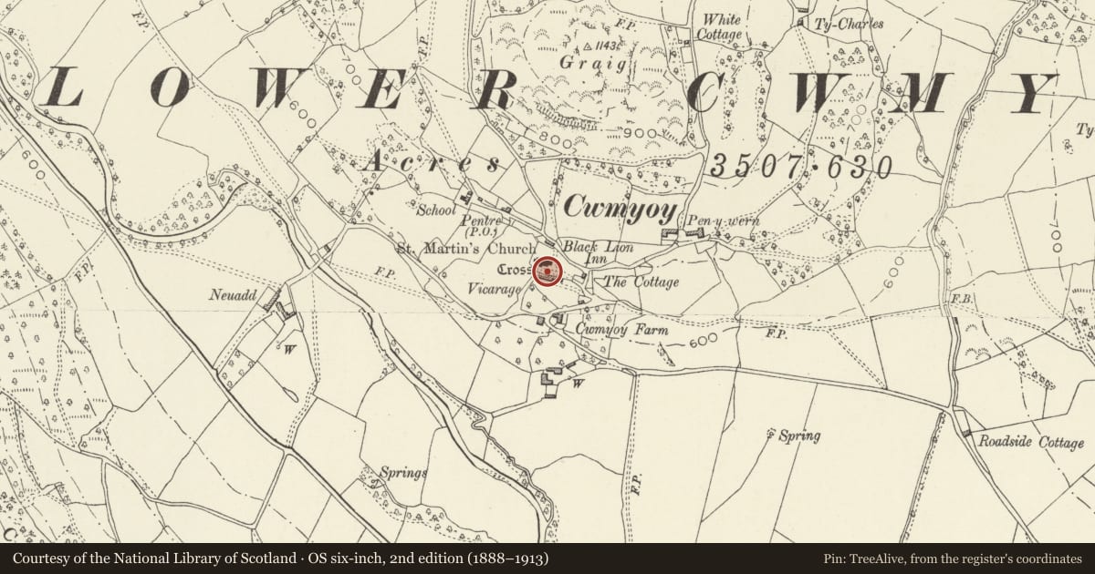 Ordnance Survey six-inch map, 2nd edition (1888–1913) covering the location of Cross in St Martin's Churchyard, Crucorney, Monmouthshire, with a pin at the register's coordinates