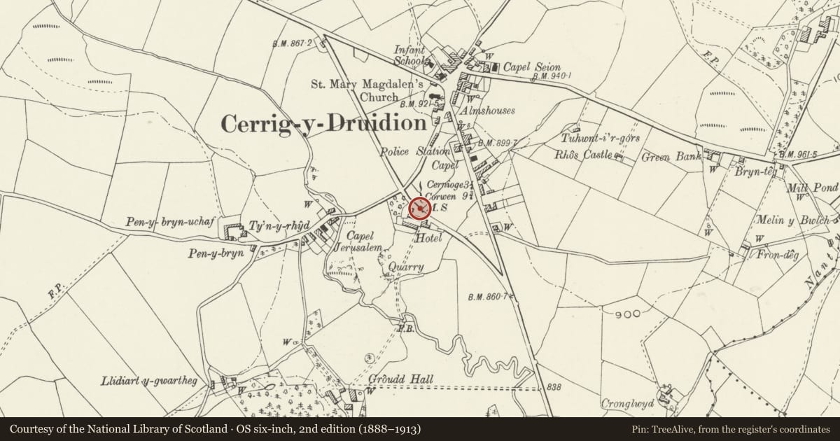 Ordnance Survey six-inch map, 2nd edition (1888–1913) covering the location of Telford Milestone (57), Cerrigydrudion, Conwy, with a pin at the register's coordinates