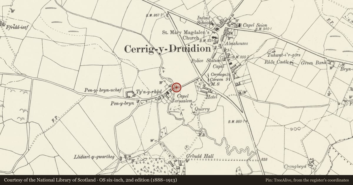 Ordnance Survey six-inch map, 2nd edition (1888–1913) covering the location of Pont Ty'n-y-rhyd, Cerrigydrudion, Conwy, with a pin at the register's coordinates