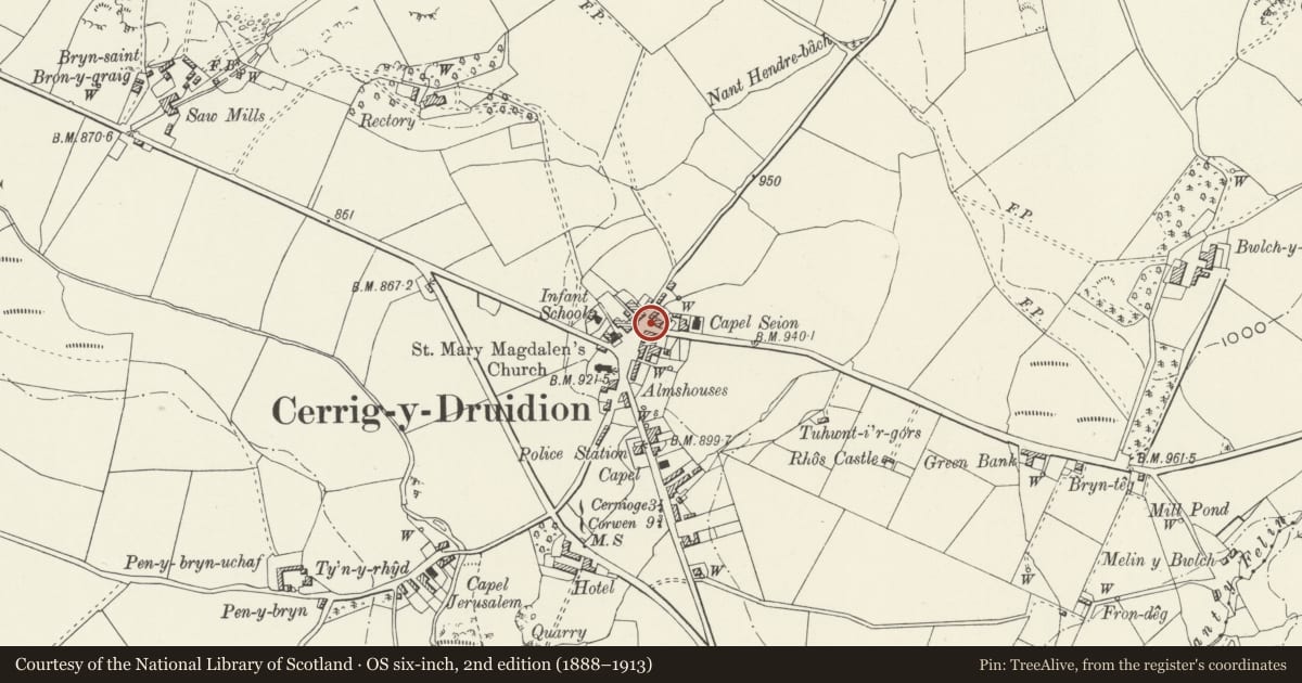 Ordnance Survey six-inch map, 2nd edition (1888–1913) covering the location of Cerrigydrudion War Memorial, Conwy, with a pin at the register's coordinates