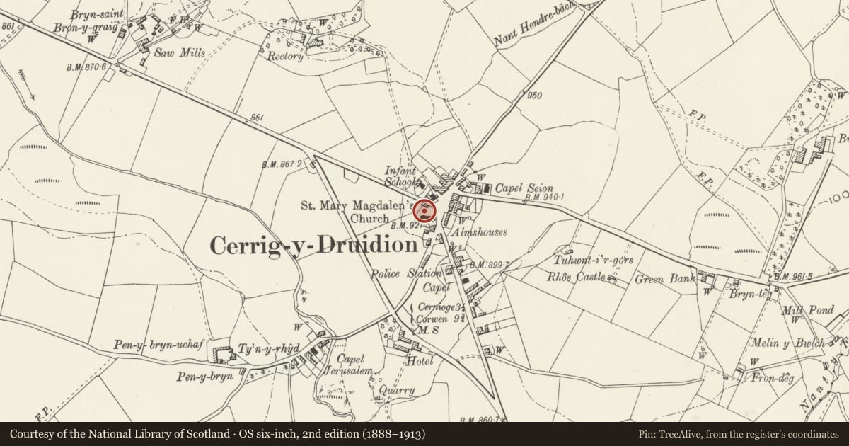 Ordnance Survey six-inch map, 2nd edition (1888–1913) covering the location of Morris Monument in the churchyard of the Church of St Mary Magdalene, Cerrigydrudion, Conwy, with a pin at the register's coordinates