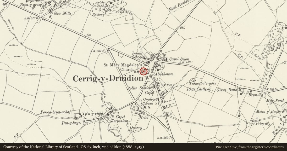 Ordnance Survey six-inch map, 2nd edition (1888–1913) covering the location of Pair of Williams Chest Tombs in the churchyard of the Church of St Mary Magdalene, Cerrigydrudion, Conwy, with a pin at the register's coordinates