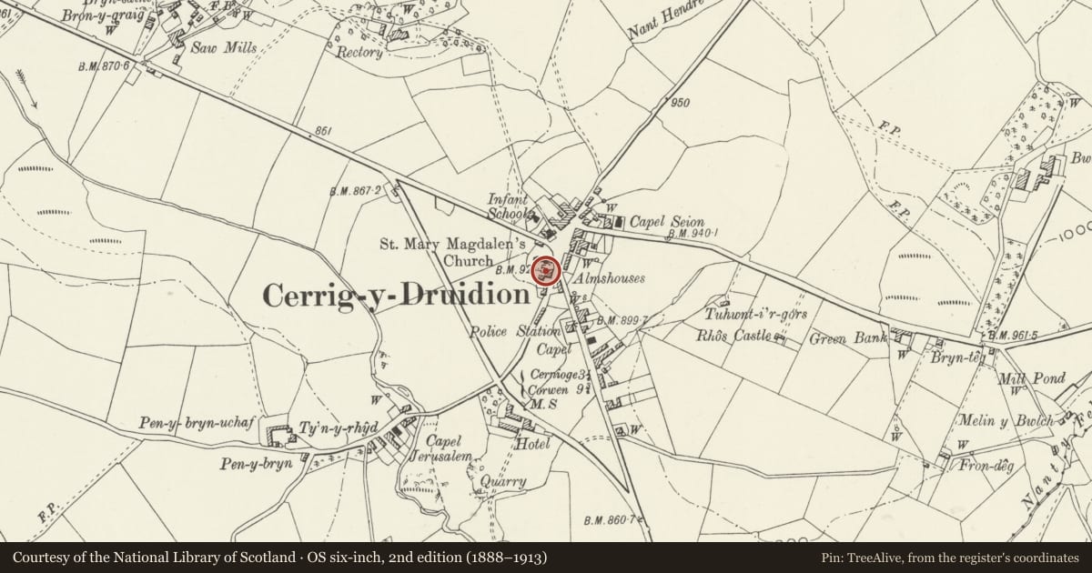 Ordnance Survey six-inch map, 2nd edition (1888–1913) covering the location of Table Tomb in the churchyard of the Church of St Mary Magdalene, Cerrigydrudion, Conwy, with a pin at the register's coordinates