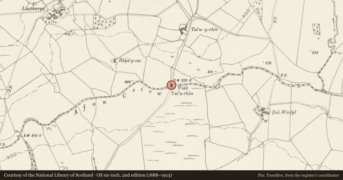 Ordnance Survey six-inch map, 2nd edition (1888–1913) covering the location of Pont Tai'n-rhos, also known as Pont yr Ebach, (partly in Llangwm Community), Cerrigydrudion, Conwy, with a pin at the register's coordinates