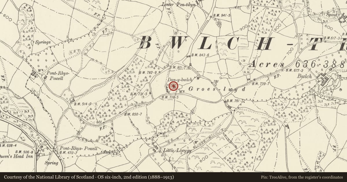 Ordnance Survey six-inch map, 2nd edition (1888–1913) covering the location of Dan-y-Bwlch Farmhouse, Crucorney, Monmouthshire, with a pin at the register's coordinates