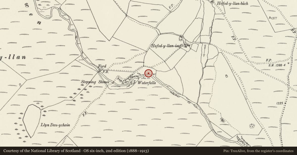 Ordnance Survey six-inch map, 2nd edition (1888–1913) covering the location of Alwen Dam, Cerrigydrudion, Conwy, with a pin at the register's coordinates