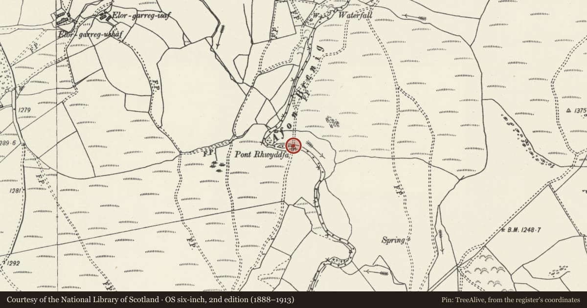 Ordnance Survey six-inch map, 2nd edition (1888–1913) covering the location of Pont-y-rhuddfa, Cerrigydrudion, Conwy, with a pin at the register's coordinates
