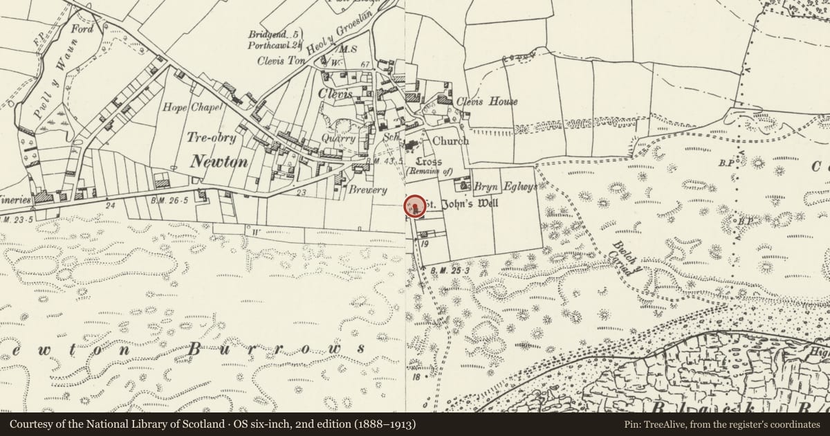 Ordnance Survey six-inch map, 2nd edition (1888–1913) covering the location of St John's Well aka Sandford's or de Sanford's Well, Porthcawl, Bridgend, with a pin at the register's coordinates