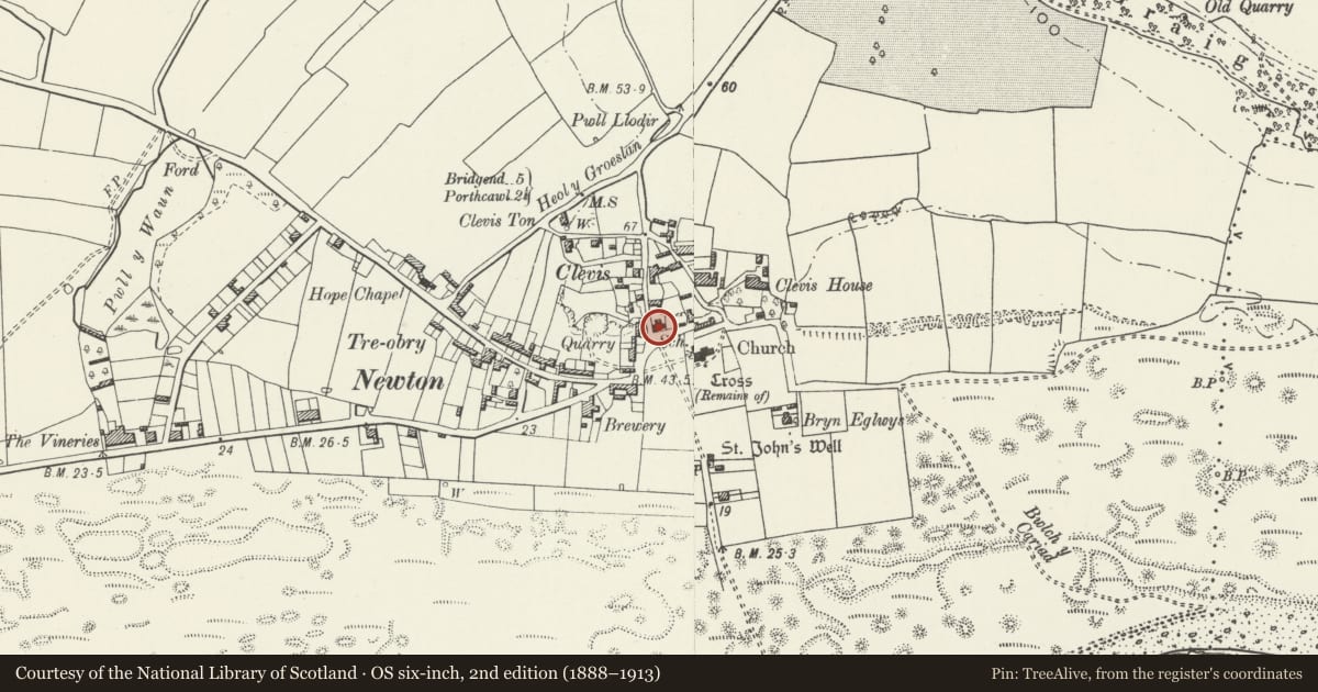 Ordnance Survey six-inch map, 2nd edition (1888–1913) covering the location of The Old School, Porthcawl, Bridgend, with a pin at the register's coordinates