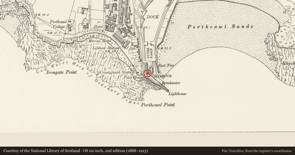 Ordnance Survey six-inch map, 2nd edition (1888–1913) covering the location of The Old Customs House, Porthcawl, Bridgend, with a pin at the register's coordinates