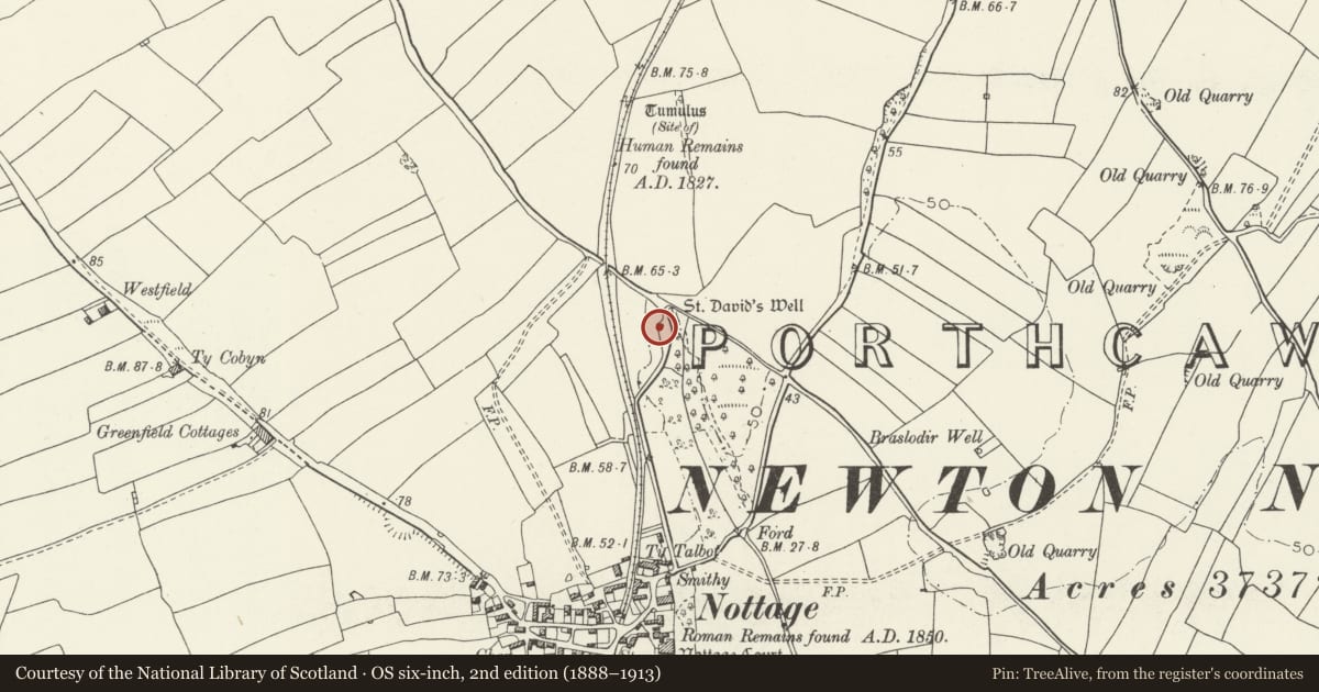 Ordnance Survey six-inch map, 2nd edition (1888–1913) covering the location of St David's Well aka Ffynnon Dewi, Porthcawl, Bridgend, with a pin at the register's coordinates