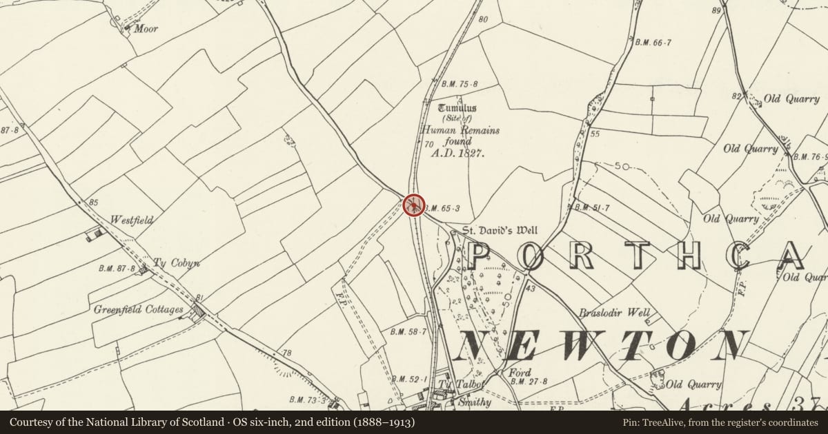 Ordnance Survey six-inch map, 2nd edition (1888–1913) covering the location of Former Tramroad and Railway bridge over Moor Lane, Porthcawl, Bridgend, with a pin at the register's coordinates