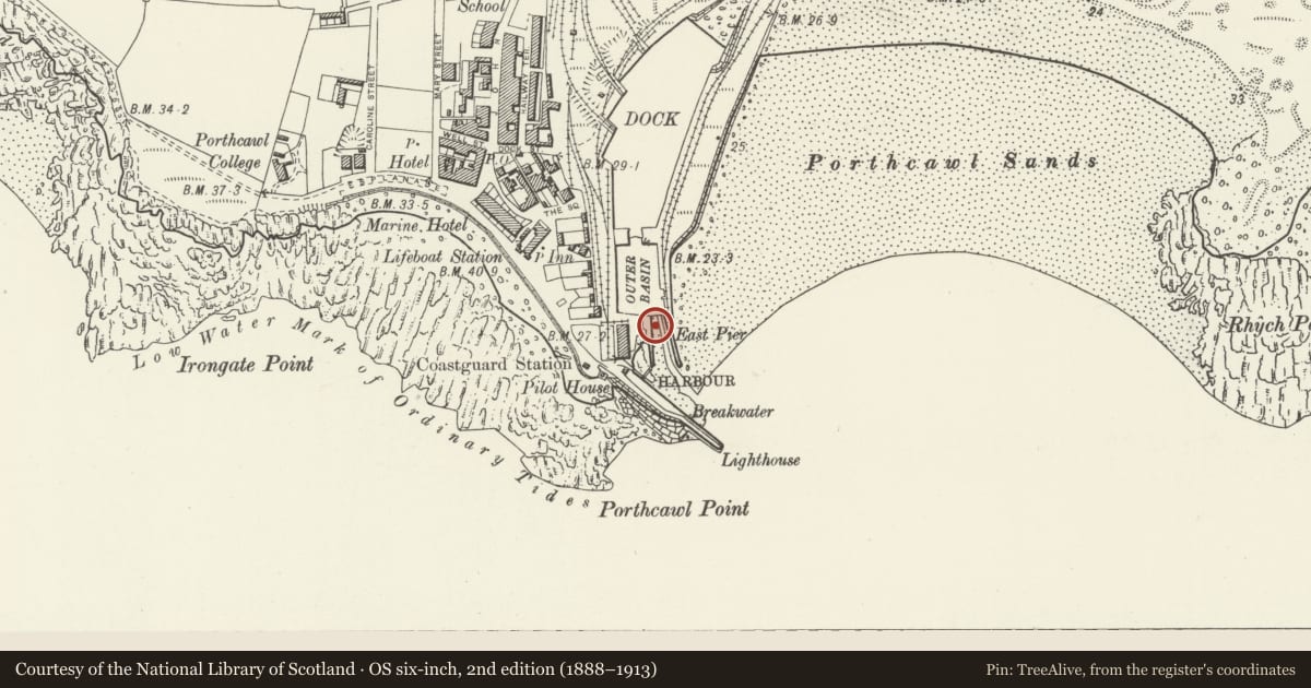 Ordnance Survey six-inch map, 2nd edition (1888–1913) covering the location of Walls of the Outer Basin and West Pier/Quay, Porthcawl, Bridgend, with a pin at the register's coordinates