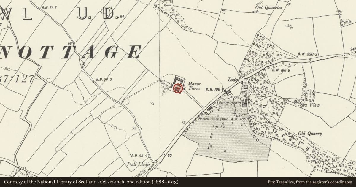Ordnance Survey six-inch map, 2nd edition (1888–1913) covering the location of Manor Farmhouse, Porthcawl, Bridgend, with a pin at the register's coordinates