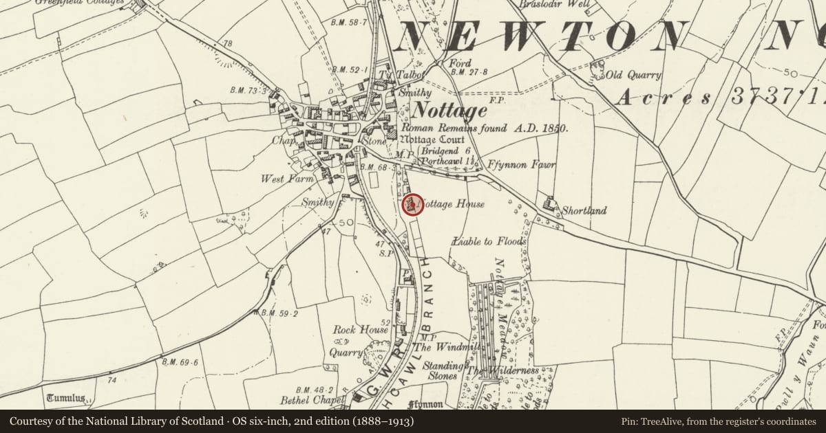 Ordnance Survey six-inch map, 2nd edition (1888–1913) covering the location of Nottage House, Porthcawl, Bridgend, with a pin at the register's coordinates
