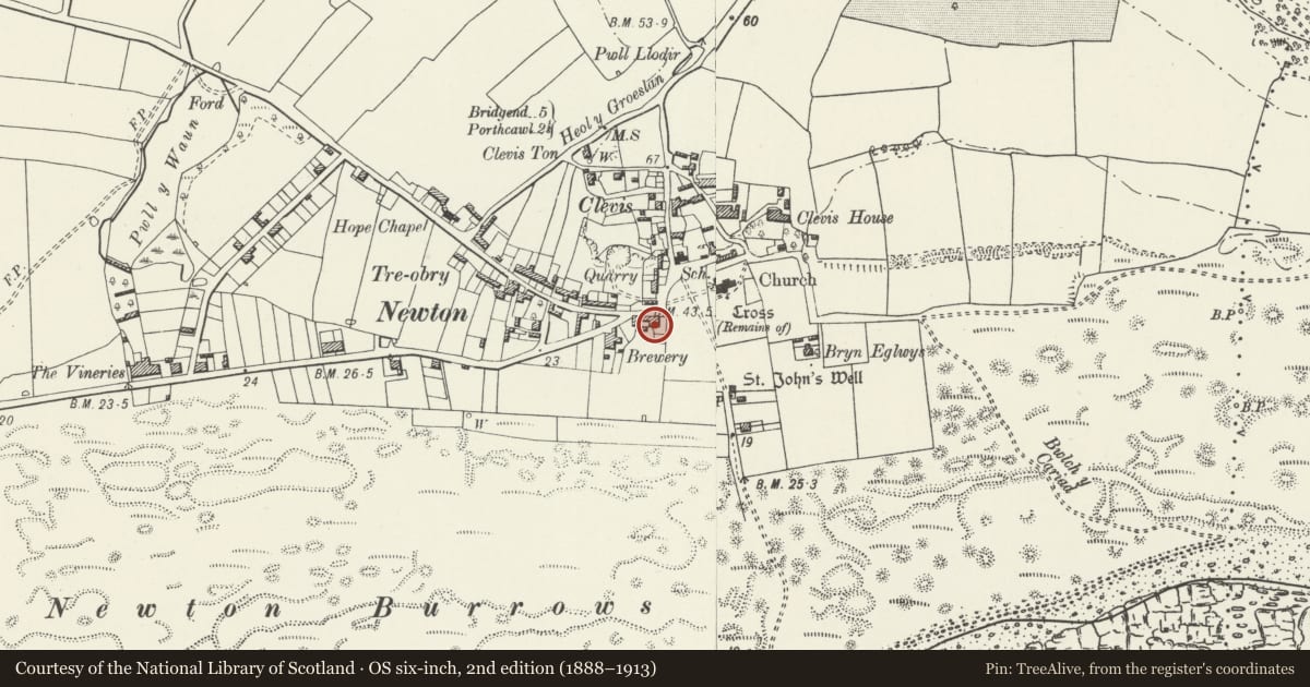 Ordnance Survey six-inch map, 2nd edition (1888–1913) covering the location of Crown House, Porthcawl, Bridgend, with a pin at the register's coordinates
