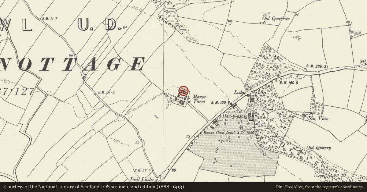 Ordnance Survey six-inch map, 2nd edition (1888–1913) covering the location of Manor Farm Courtyard Farm Range, Porthcawl, Bridgend, with a pin at the register's coordinates