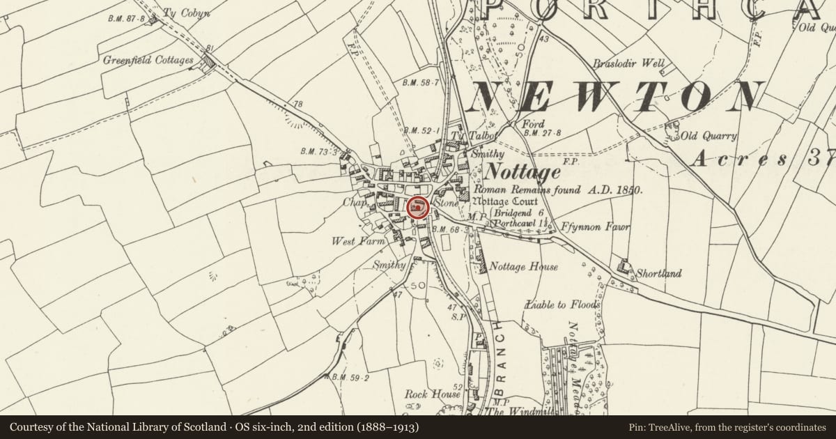 Ordnance Survey six-inch map, 2nd edition (1888–1913) covering the location of The Farmers' Arms, Porthcawl, Bridgend, with a pin at the register's coordinates