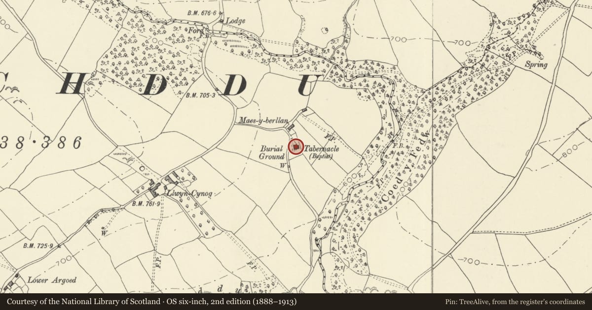Ordnance Survey six-inch map, 2nd edition (1888–1913) covering the location of Tabernacl Baptist Chapel, Felin-Fach, Powys, with a pin at the register's coordinates