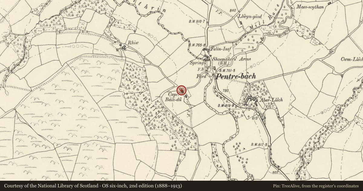 Ordnance Survey six-inch map, 2nd edition (1888–1913) covering the location of Bilidu Calvinistic Methodist Chapel including forecourt wall and railings, Maescar, Powys, with a pin at the register's coordinates