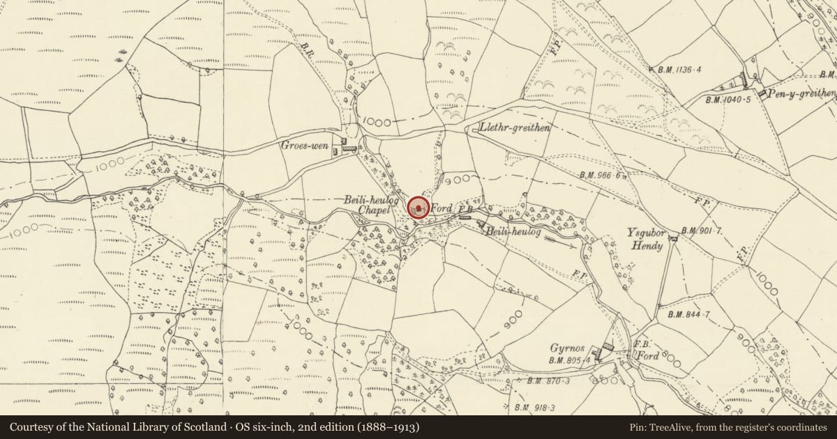 Ordnance Survey six-inch map, 2nd edition (1888–1913) covering the location of Capel Beili Heulog, Erwood, Powys, with a pin at the register's coordinates