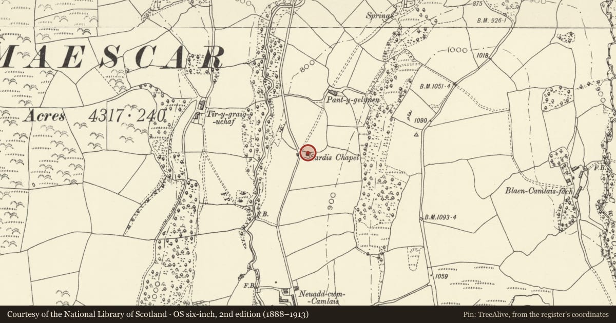 Ordnance Survey six-inch map, 2nd edition (1888–1913) covering the location of Capel Sardis, Trallong, Powys, with a pin at the register's coordinates