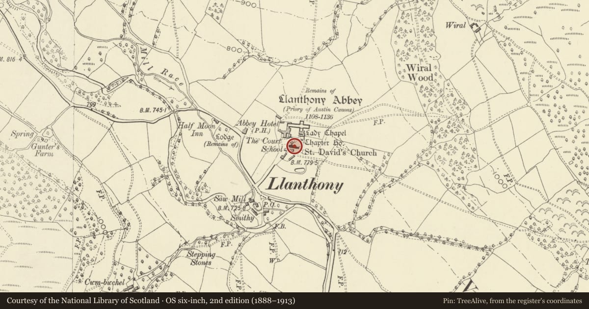 Ordnance Survey six-inch map, 2nd edition (1888–1913) covering the location of Church of St David at Llanthony Priory, Crucorney, Monmouthshire, with a pin at the register's coordinates