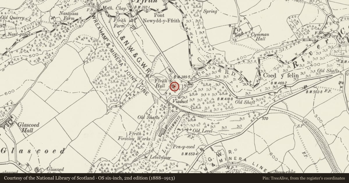 Ordnance Survey six-inch map, 2nd edition (1888–1913) covering the location of Ffrith Hall, Llanfynydd, Flintshire, with a pin at the register's coordinates