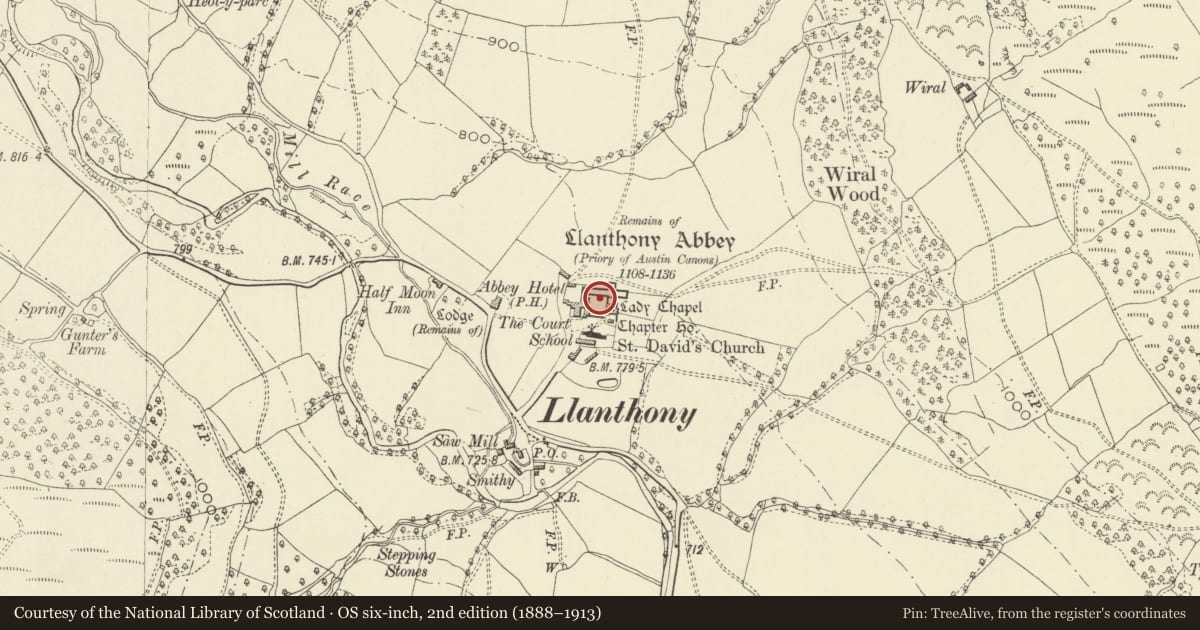Ordnance Survey six-inch map, 2nd edition (1888–1913) covering the location of Llanthony Priory, Crucorney, Monmouthshire, with a pin at the register's coordinates