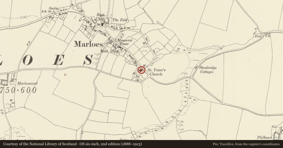Ordnance Survey six-inch map, 2nd edition (1888–1913) covering the location of Church of Saint Peter, Marloes and St. Brides, Pembrokeshire, with a pin at the register's coordinates