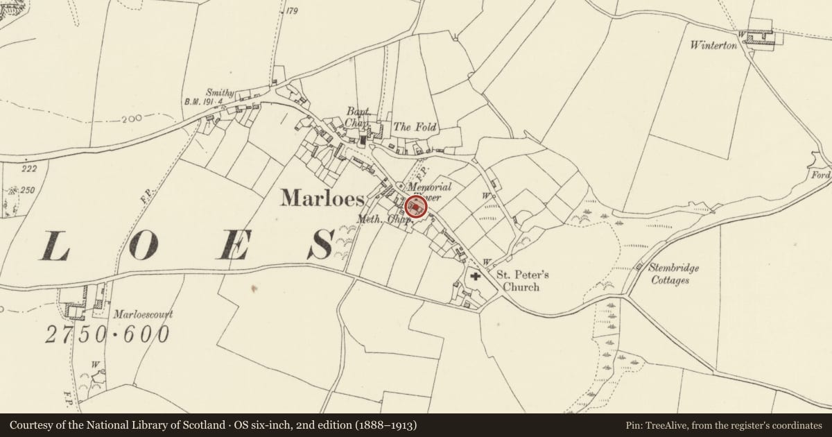Ordnance Survey six-inch map, 2nd edition (1888–1913) covering the location of Marloes Village Hall, Marloes and St. Brides, Pembrokeshire, with a pin at the register's coordinates