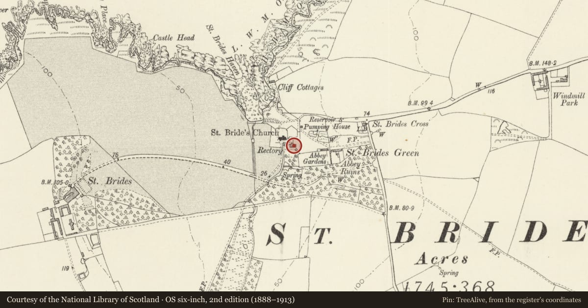 Ordnance Survey six-inch map, 2nd edition (1888–1913) covering the location of Cranford, Marloes and St. Brides, Pembrokeshire, with a pin at the register's coordinates