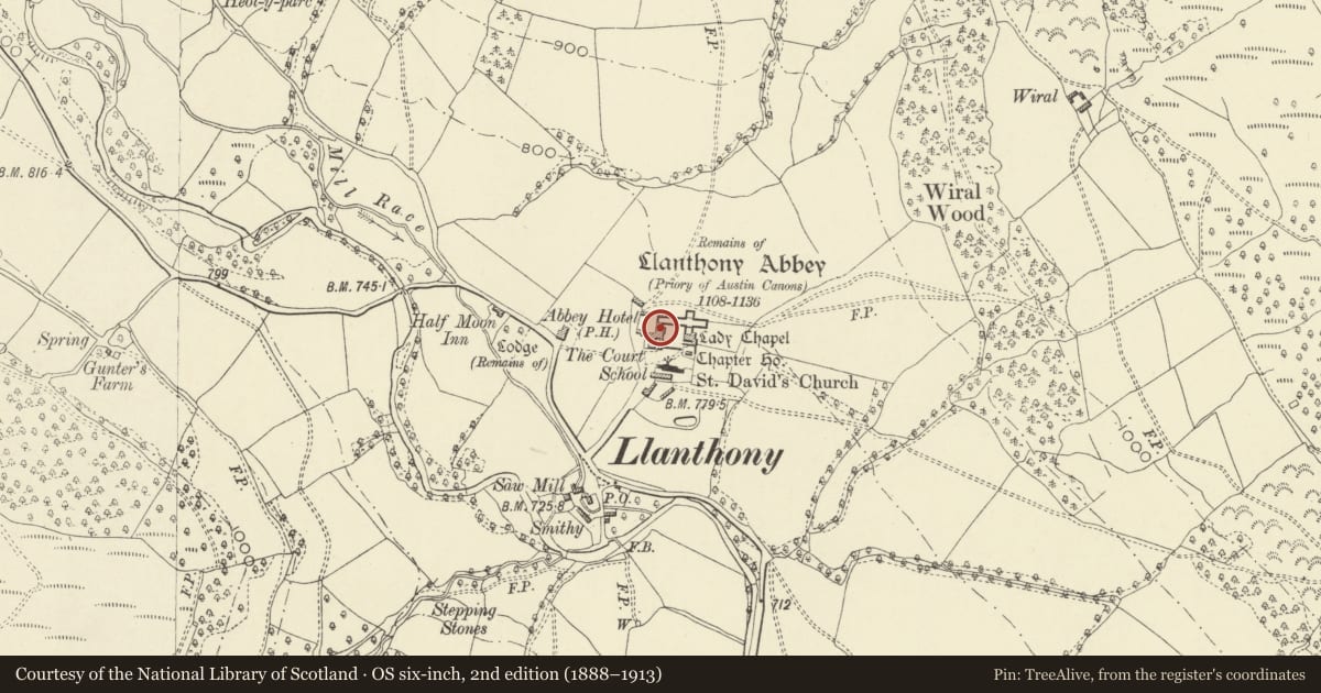 Ordnance Survey six-inch map, 2nd edition (1888–1913) covering the location of Abbey Hotel, Crucorney, Monmouthshire, with a pin at the register's coordinates