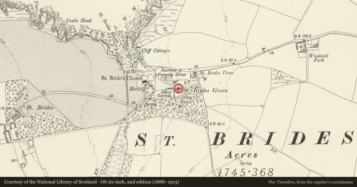 Ordnance Survey six-inch map, 2nd edition (1888–1913) covering the location of The Green, Marloes and St. Brides, Pembrokeshire, with a pin at the register's coordinates