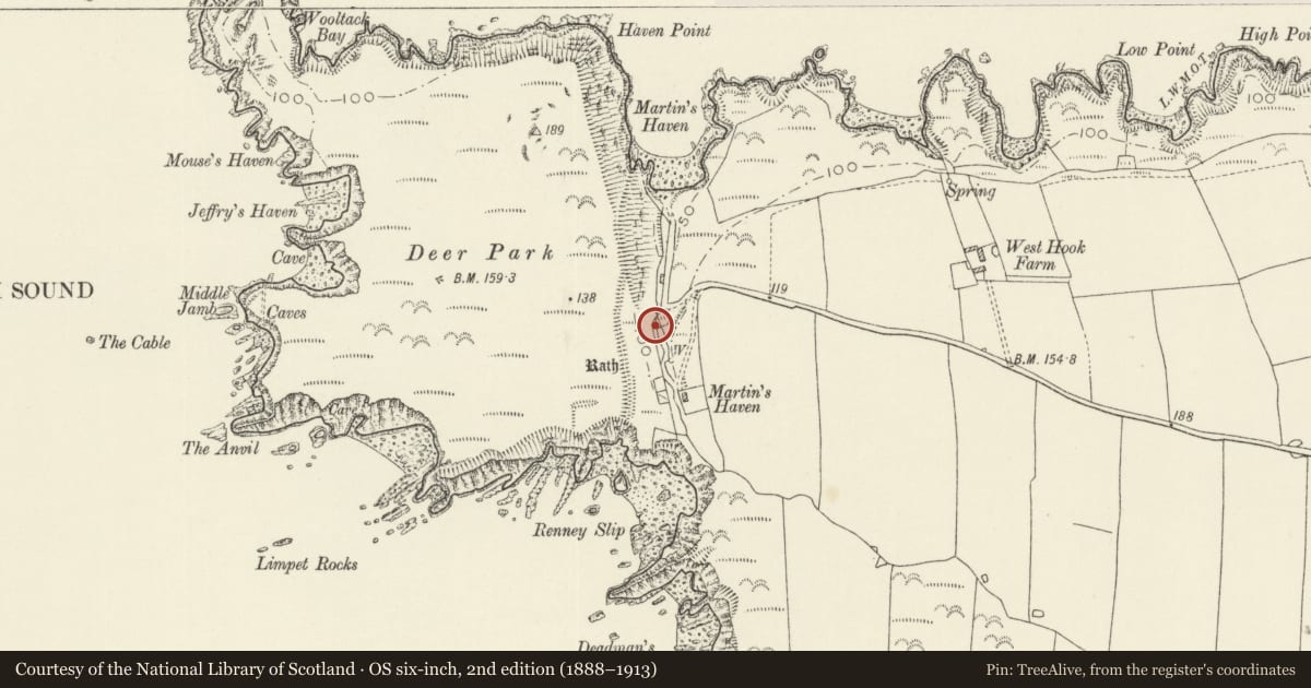 Ordnance Survey six-inch map, 2nd edition (1888–1913) covering the location of Deer Park Wall, Marloes and St. Brides, Pembrokeshire, with a pin at the register's coordinates
