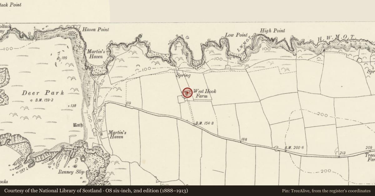 Ordnance Survey six-inch map, 2nd edition (1888–1913) covering the location of West Hook, Marloes and St. Brides, Pembrokeshire, with a pin at the register's coordinates