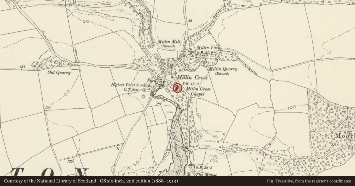 Ordnance Survey six-inch map, 2nd edition (1888–1913) covering the location of Millin Cross Calvinistic Methodist Chapel, Slebech, Pembrokeshire, with a pin at the register's coordinates